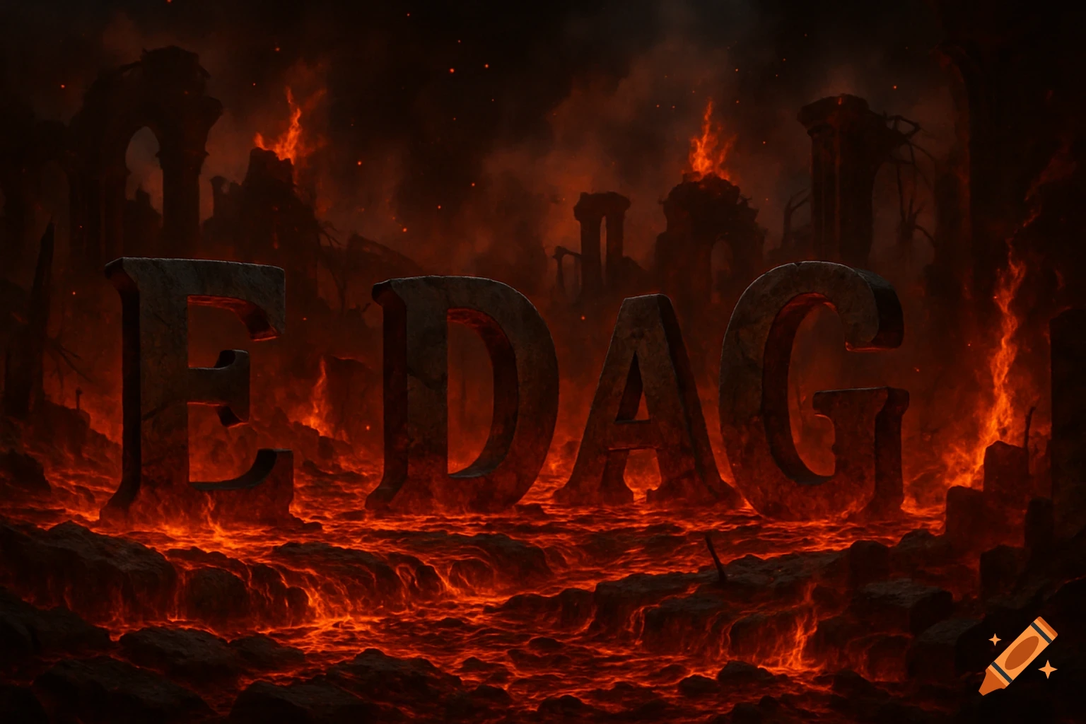 Large stone letters E D A G emerge from a river of molten lava in a fiery, ruined landscape, a fantasy scene.