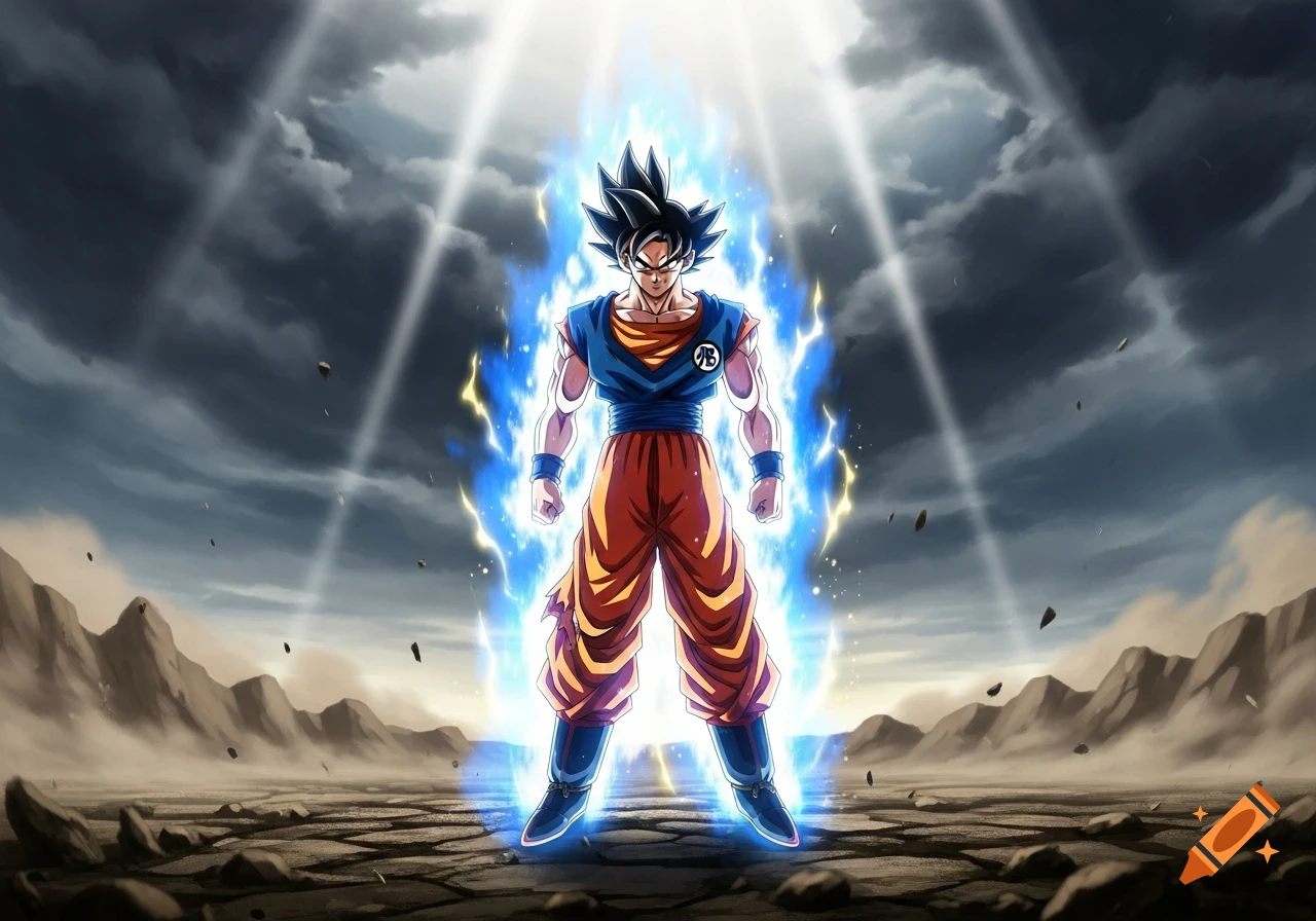 Goku in his Ultra Instinct form, enveloped in a glowing blue aura, stands powerfully in a desolate, cracked landscape under a dramatic cloudy sky with light rays.