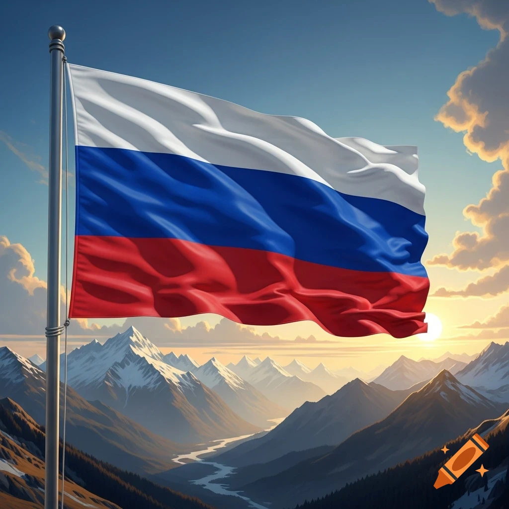 A Russian flag waves from a flagpole, set against a backdrop of a sunrise over a snowy mountain range and a river winding through a valley.