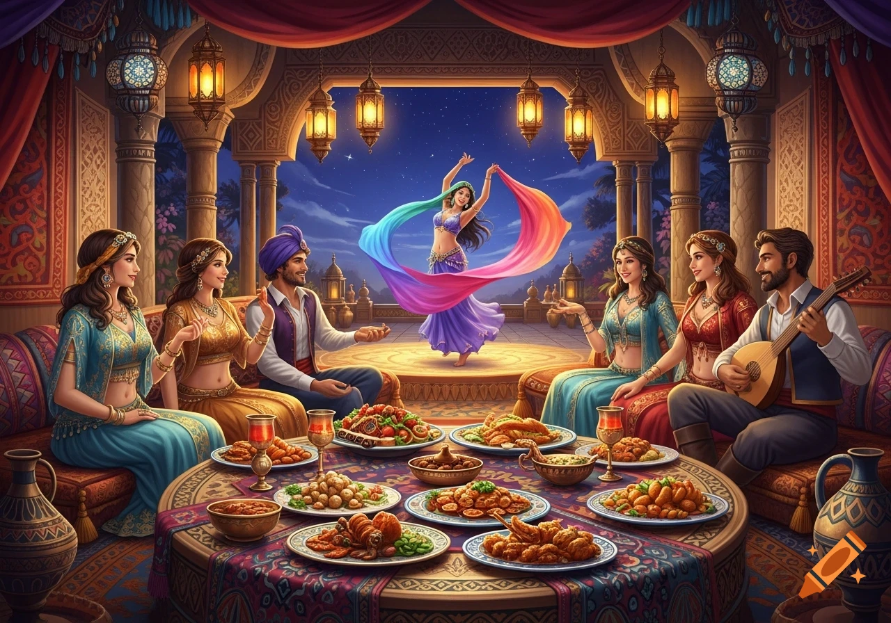 Detailed painted scene of people enjoying an opulent oriental feast at night, watching a belly dancer and a musician.