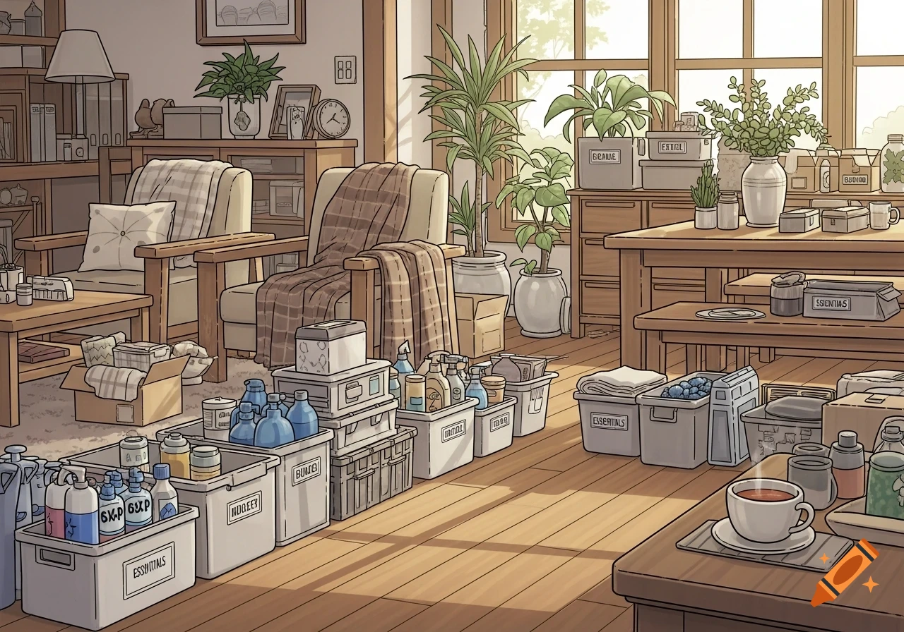 A stylized illustration of a cluttered home interior filled with boxes of supplies, furniture, and numerous potted plants by large windows.