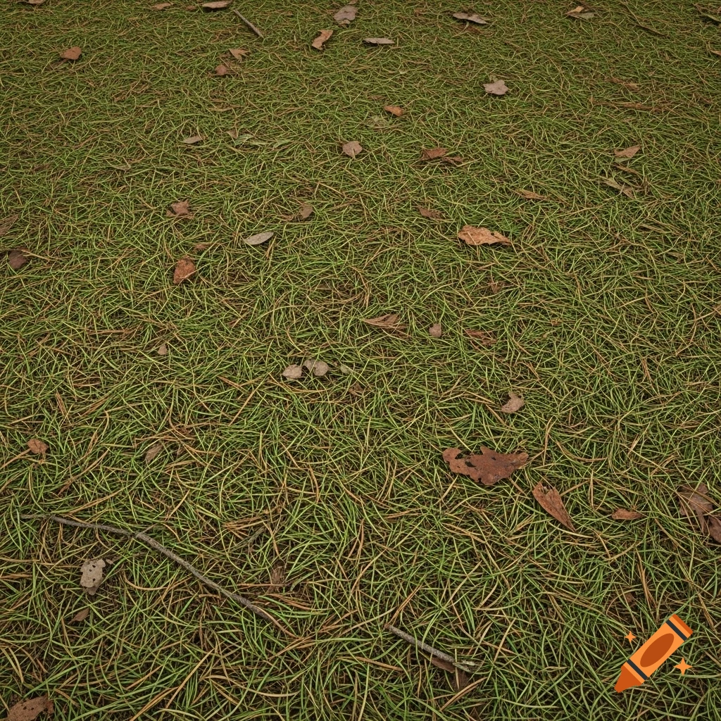 Close-up of a forest floor covered in green pine needles and scattered brown fallen leaves.