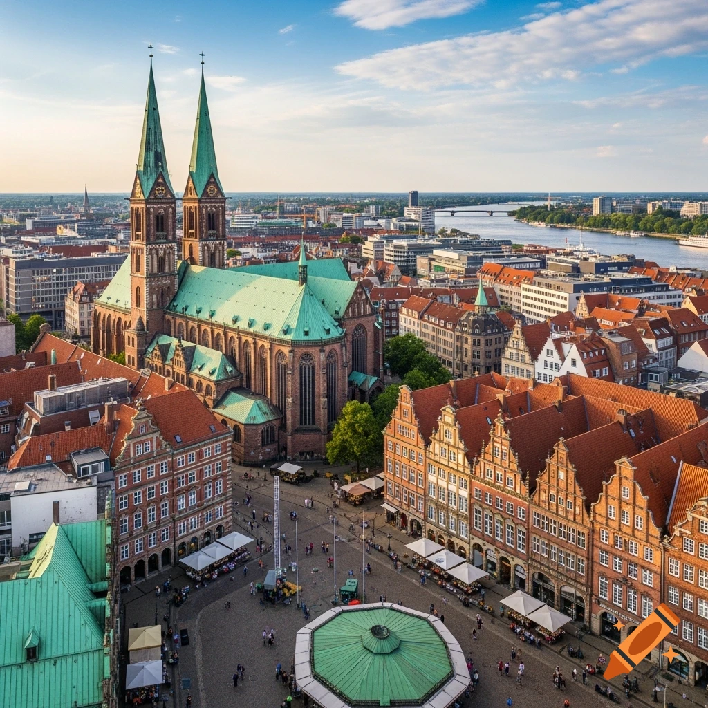 Aerial view of Bremen, Germany, featuring St. Peter's Cathedral with green spires, historic buildings, and a busy market square.