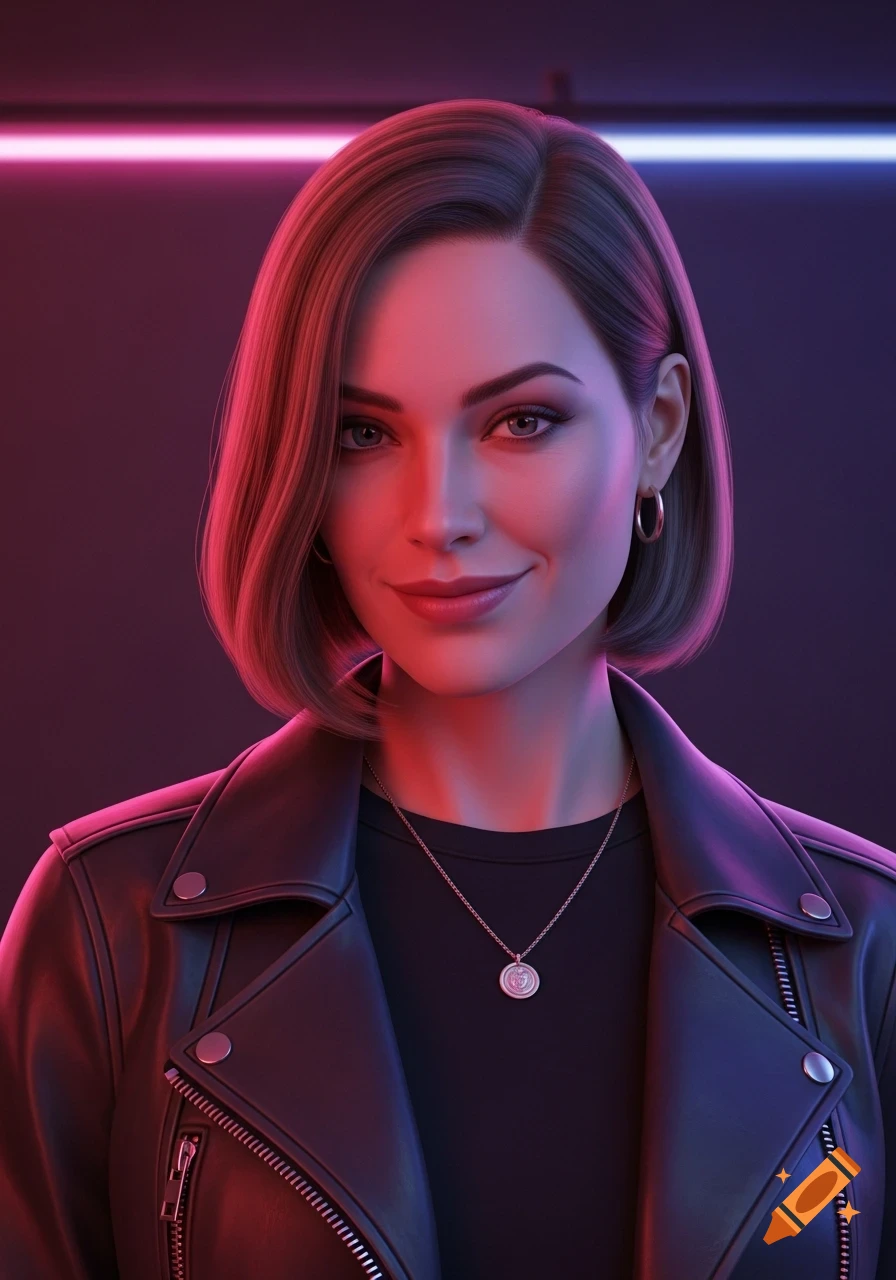 Cinematic portrait of a confident woman with short brown hair, wearing a black leather jacket, under red and blue neon lights.