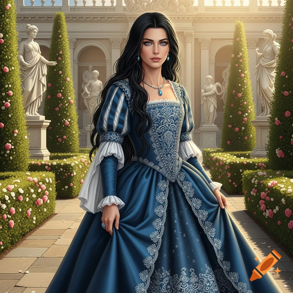 A woman with long black hair and blue eyes in an ornate blue historical gown stands in an elegant garden with classical architecture.