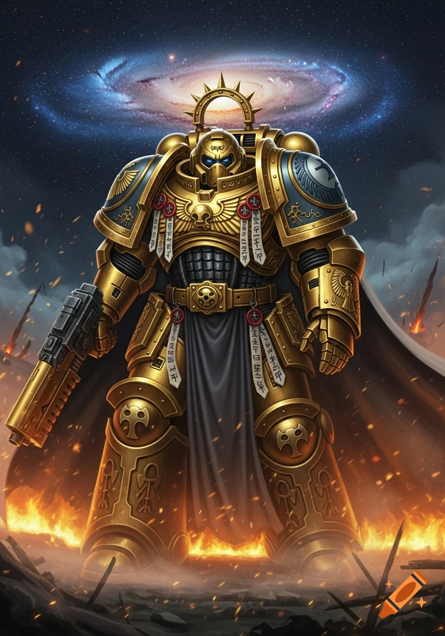 A golden armored figure, resembling a Warhammer 40k Space Marine or the God Emperor, stands amidst fire and debris, a galaxy visible in the dark sky above.