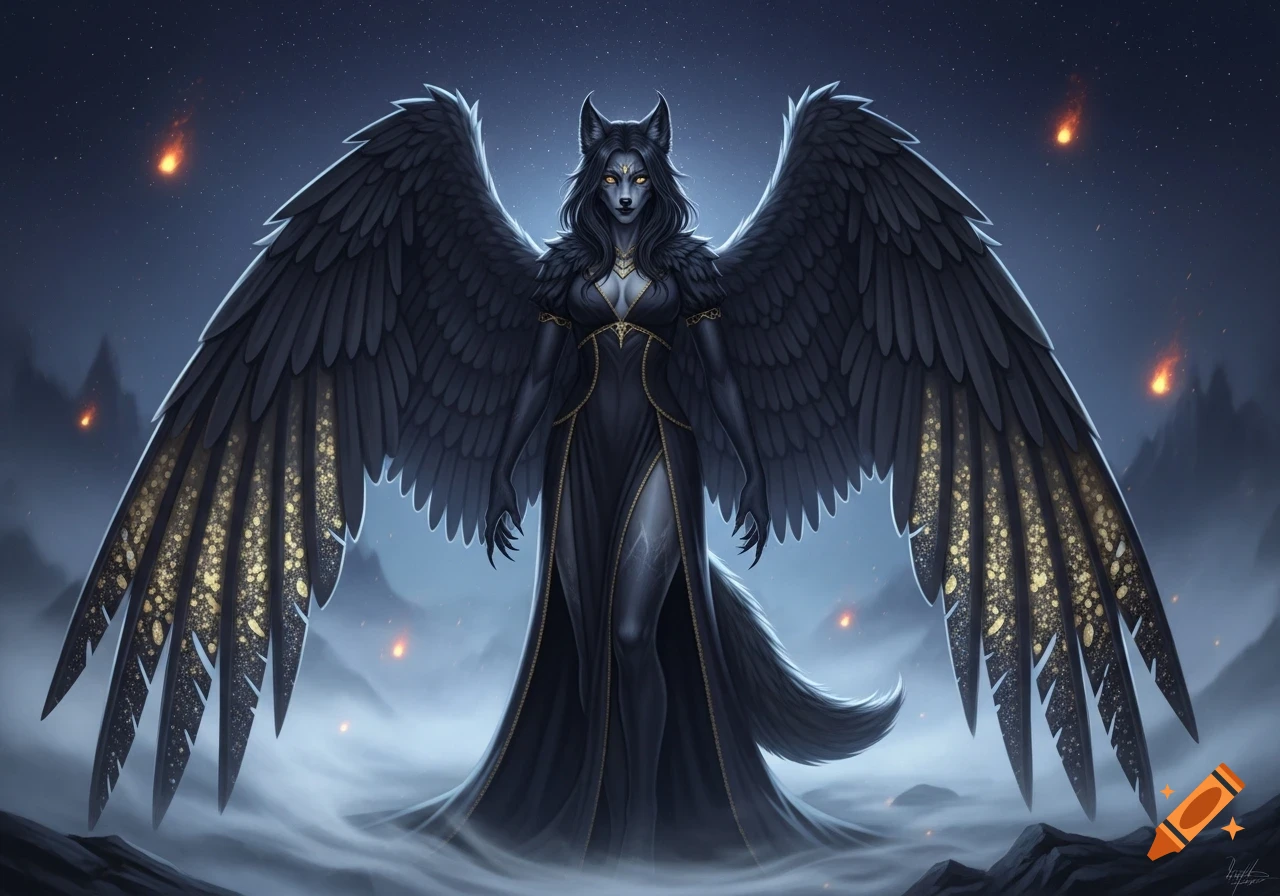 A majestic winged wolf demon woman with yellow eyes in a black dress stands in a misty, dark landscape. Her black wings have golden patterns.