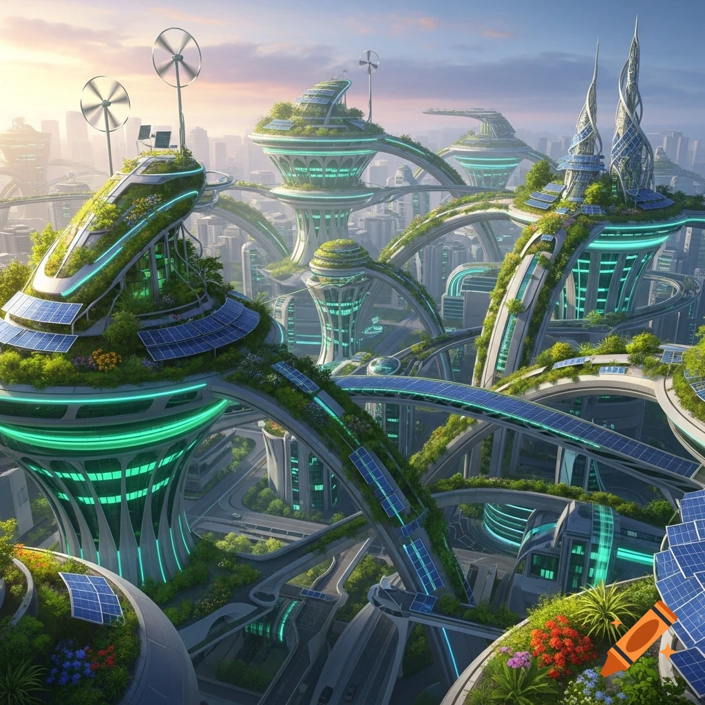 A vibrant, detailed solarpunk city with green architecture, solar panels, and wind turbines, featuring interconnected pathways and glowing green accents.