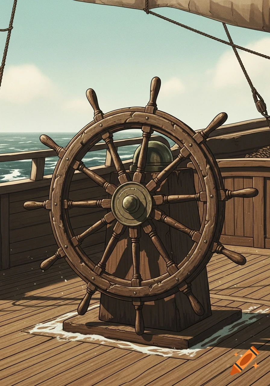 A close-up illustration of a wooden ship's wheel on a ship deck, with the ocean and sky in the background, in a Ghibli cartoon style.