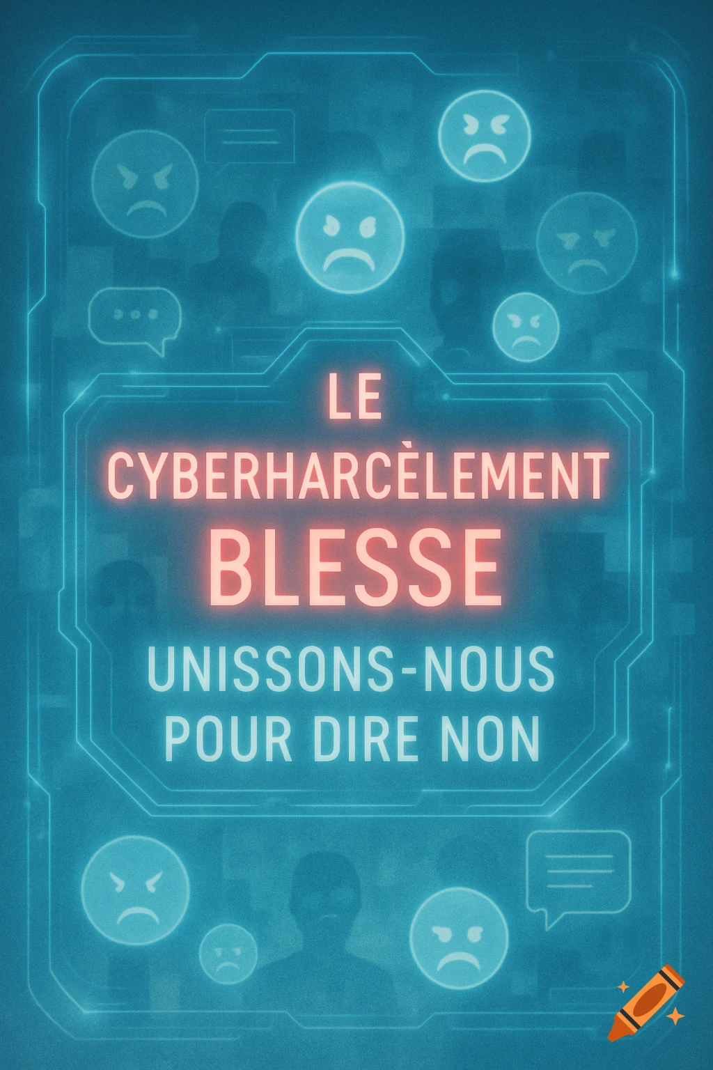 Digital art with glowing French text against cyberharassment, surrounded by sad emojis and a circuit board pattern.