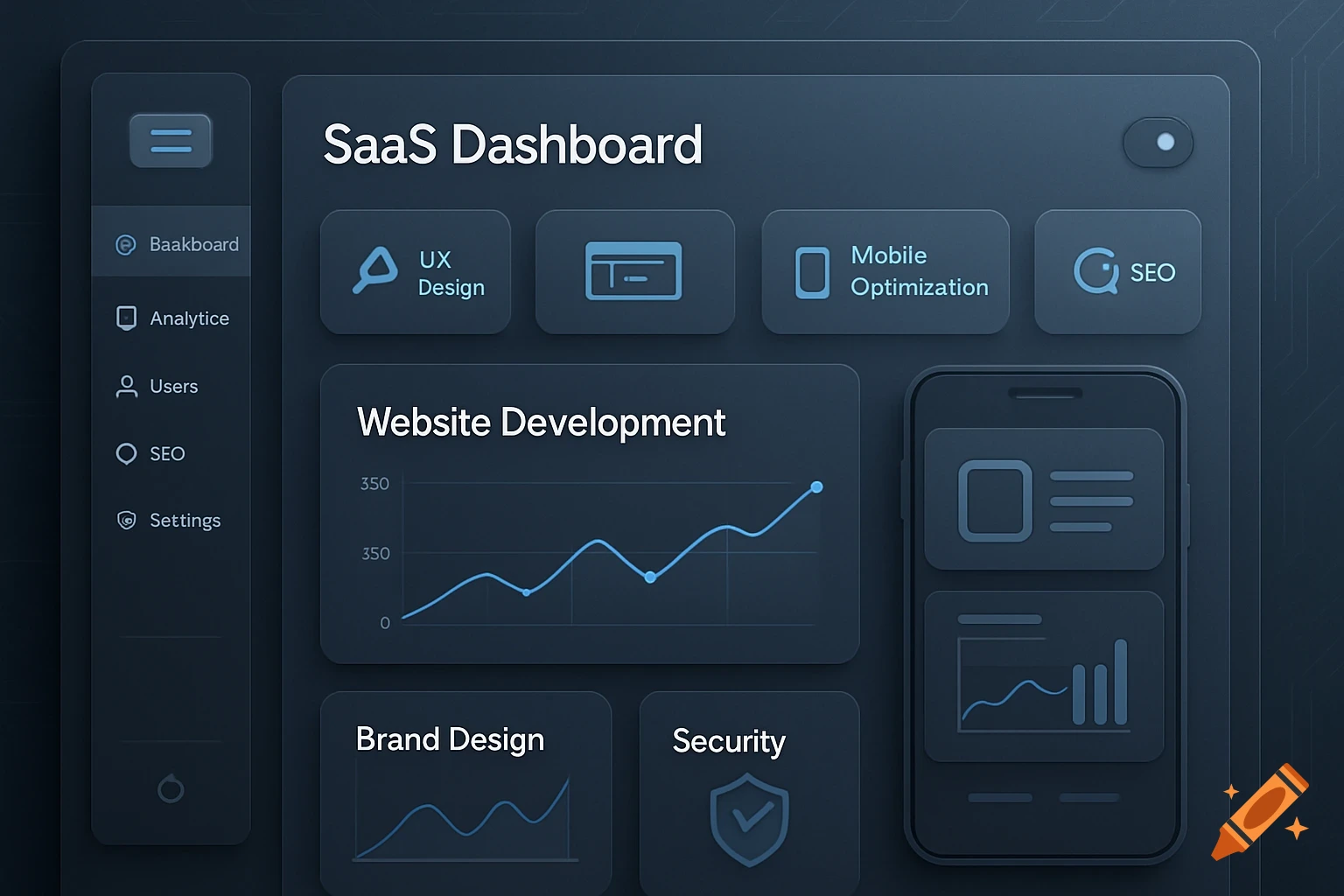 A dark-themed SaaS UI dashboard in a neumorphic style, displaying various data cards, a graph, and navigation links.