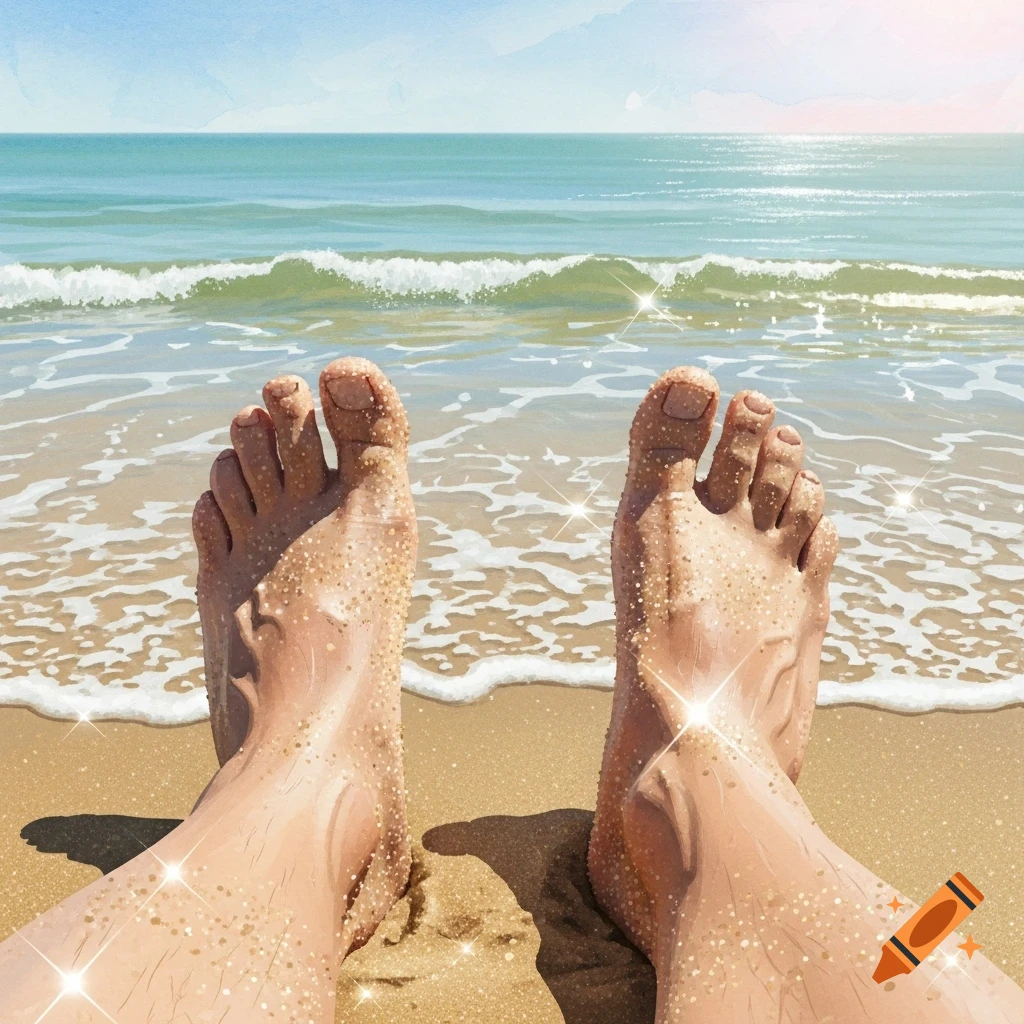 Point-of-view shot of sandy feet relaxing on a beach with ocean waves in the background, under a sunny sky.