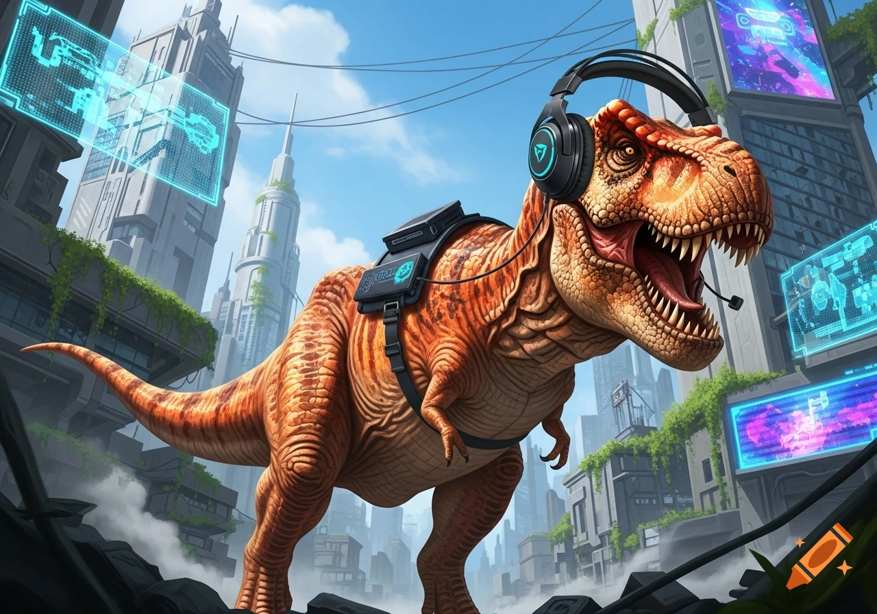 An orange T-rex wearing a black gaming headset with blue accents stands in a futuristic city with tall buildings and holographic screens, digital art style.