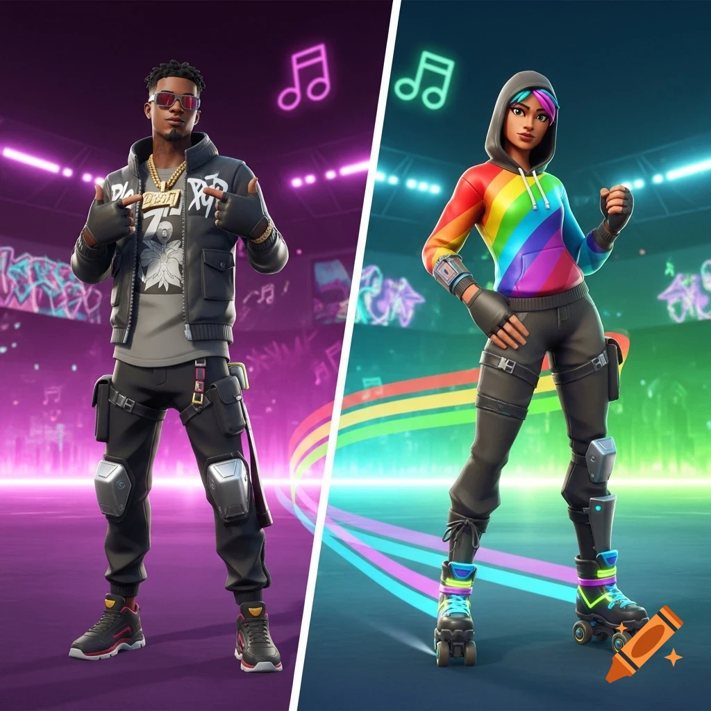Two Fortnite characters, a male in a black jacket and sunglasses and a female in a rainbow hoodie and roller skates, posing on a stage.