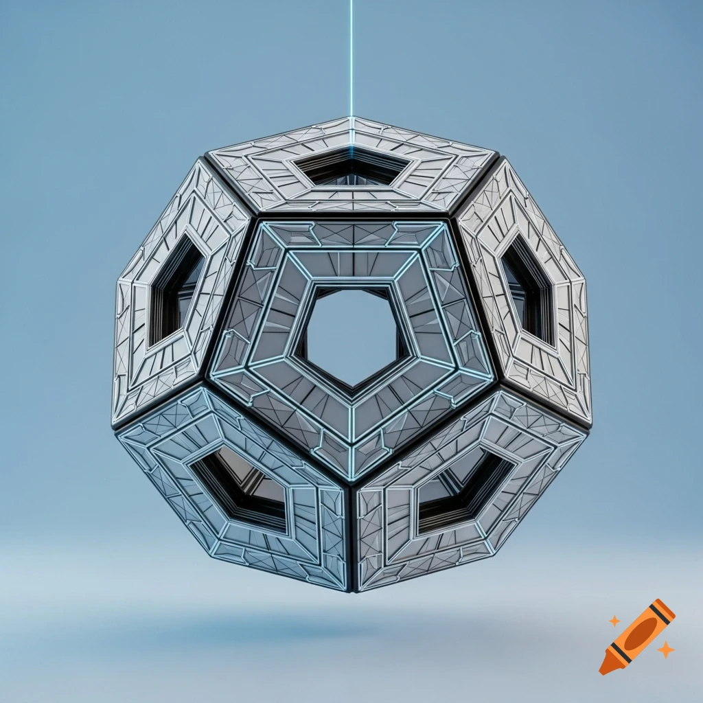 A metallic geometric object with glowing blue lines, resembling a dodecahedron, suspended against a light blue background.