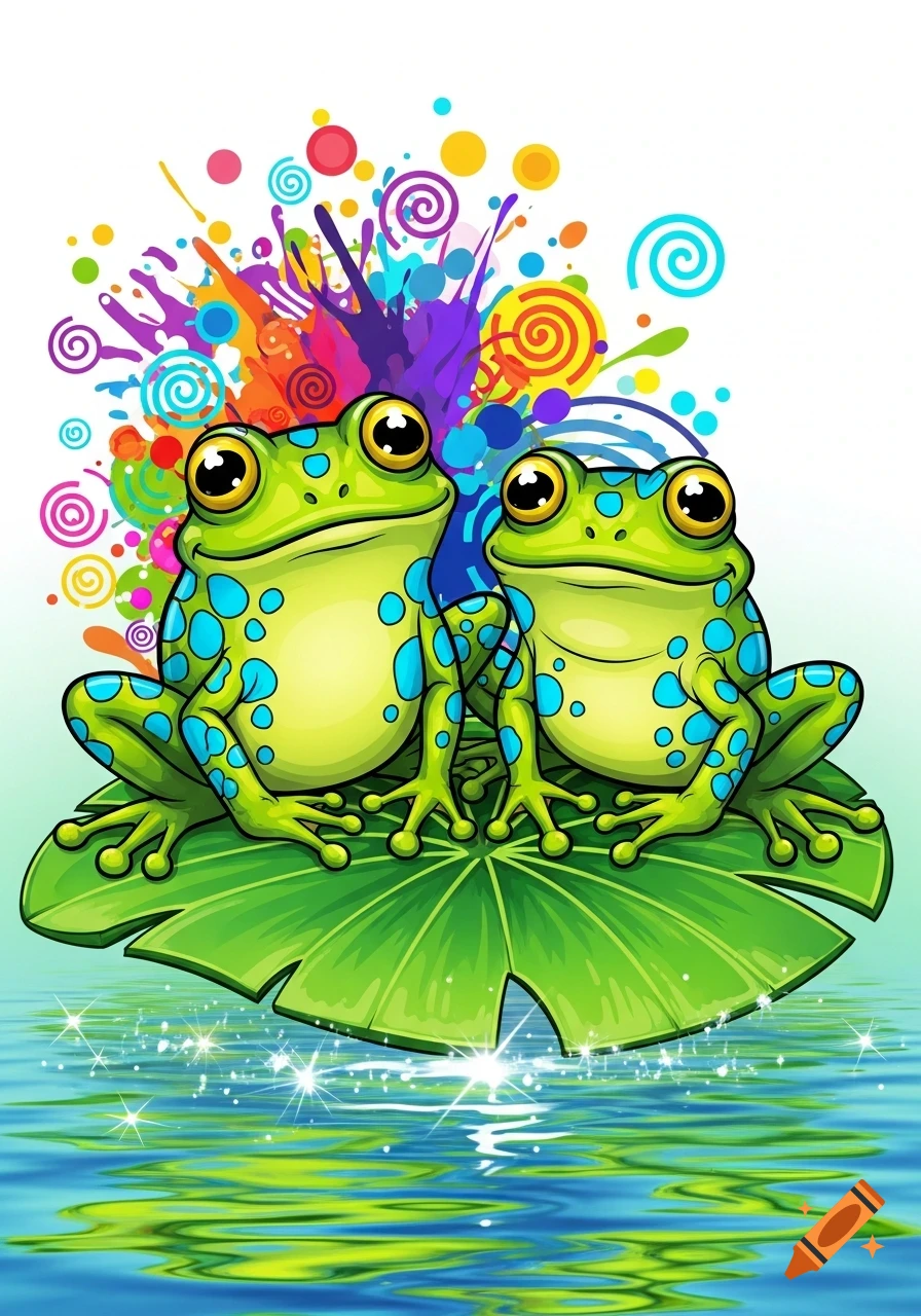 Two colorful cartoon frogs sit on a green lily pad, with vibrant abstract paint splatters behind them and water reflecting below.