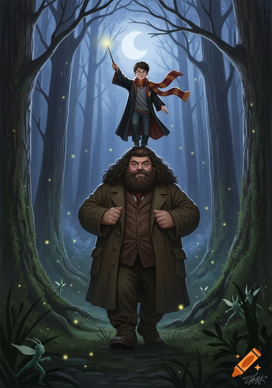 Harry Potter with a glowing wand stands on Hagrid's shoulders in a dark, magical forest with fireflies and fairies under a crescent moon, illustration.