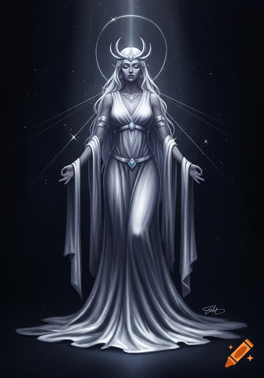 Digital art of a serene goddess with long white hair, a crescent moon crown, and a shimmering white dress, glowing against a dark, starry background.