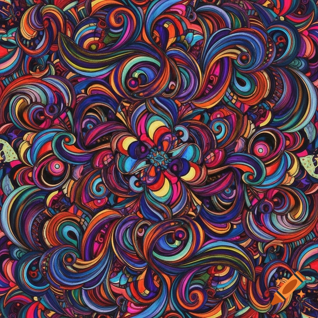A vibrant, intricate abstract pattern filled with swirling shapes and bright colors like blue, orange, red, and purple.