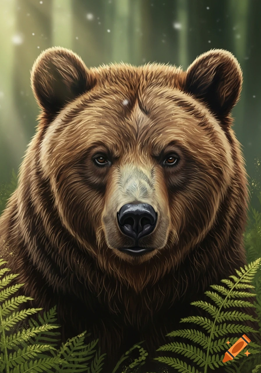 A close-up, detailed portrait of a brown bear's face, looking directly forward, with green ferns and a blurred forest background.