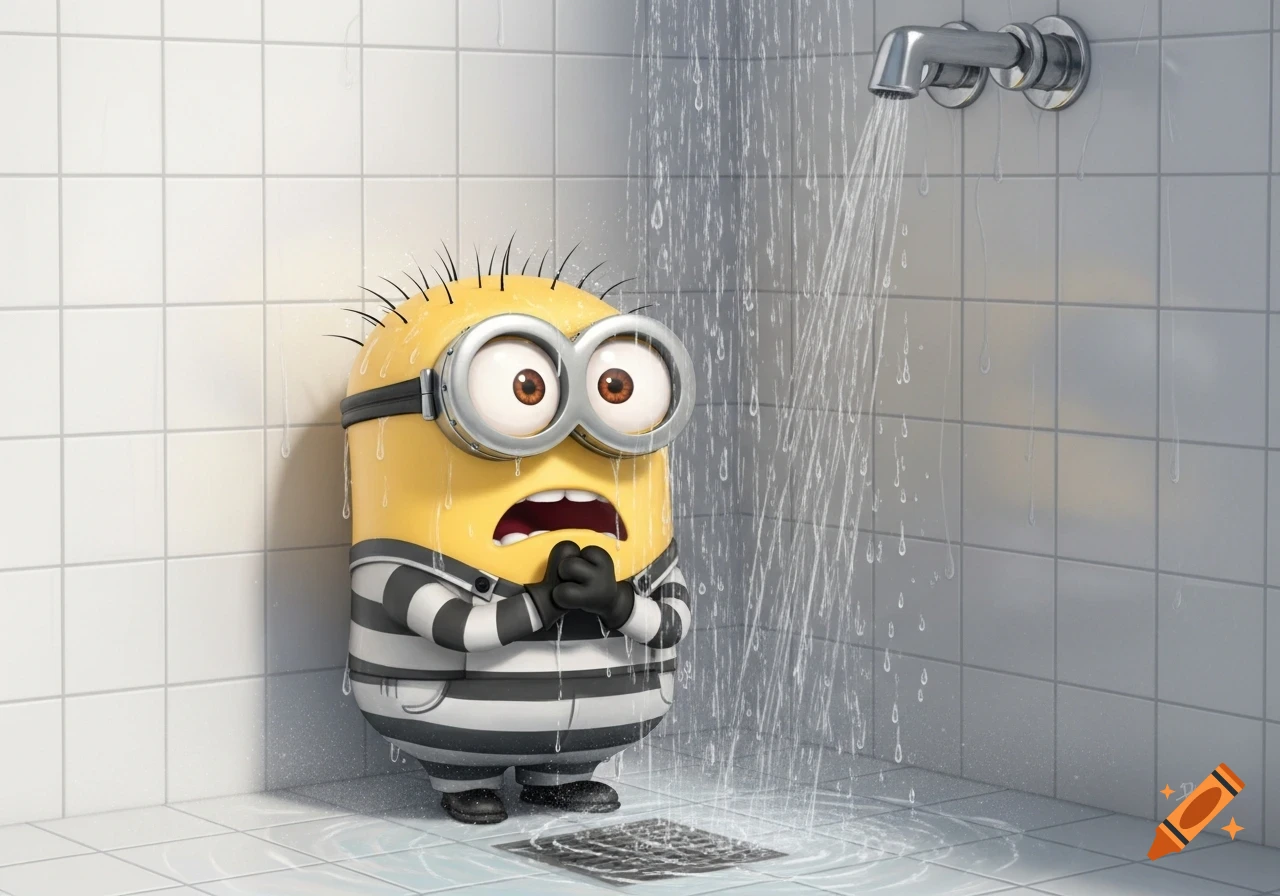 A scared Minion in a black and white striped prison jumpsuit cowering in a white tiled shower as water streams down.