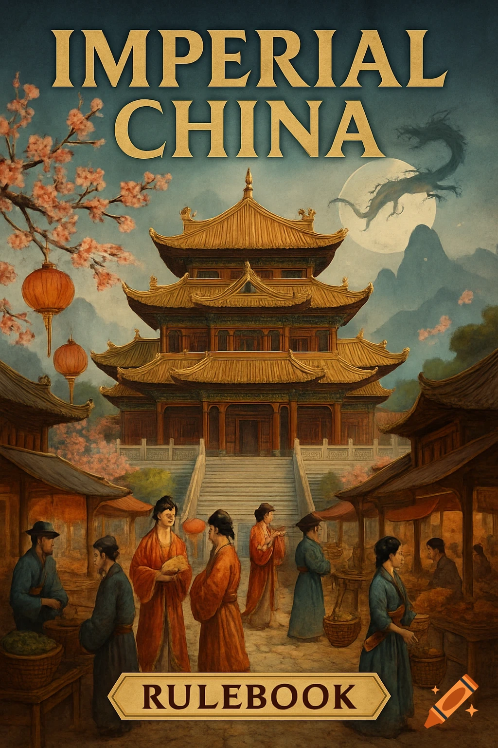 Illustration of a grand pagoda overlooking a bustling Imperial China market with cherry blossoms, lanterns, and a dragon.