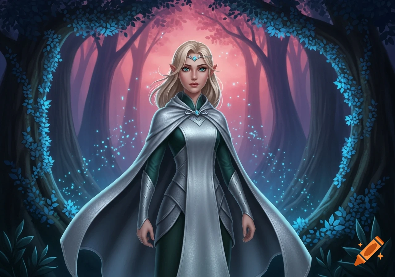 Blonde female elf with pointed ears and a silver cloak stands in a magical forest with glowing blue foliage, digital art.