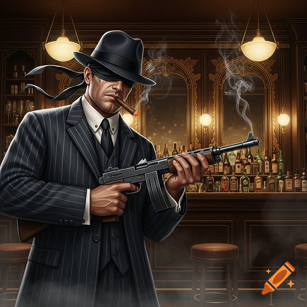 Blindfolded 1920s gangster smoking a cigar and holding a tommy gun in a dimly lit bar.