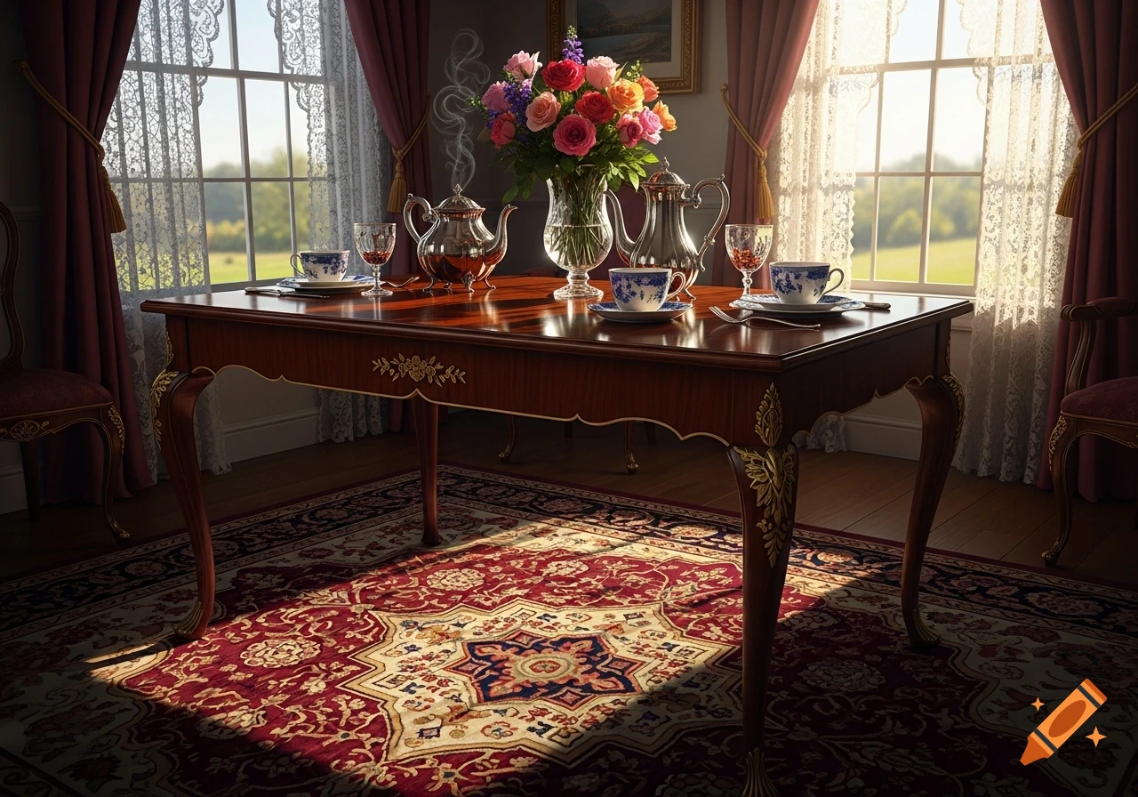 An elegant wooden dining table set with teapots, a vibrant floral bouquet, and cups, bathed in sunlight from a window.