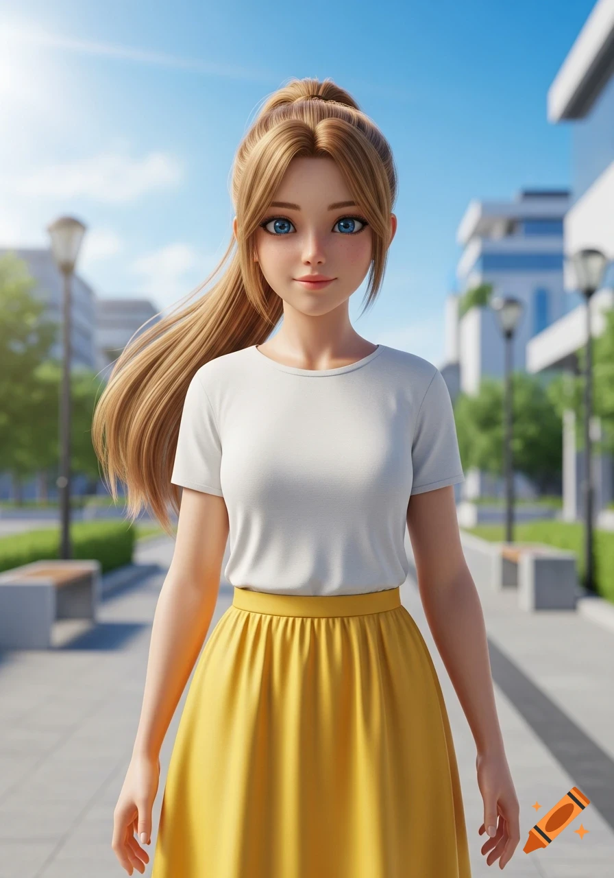 A stylized young girl with blonde hair in a ponytail, blue eyes, wearing a white t-shirt and yellow skirt, standing on a sunny street.