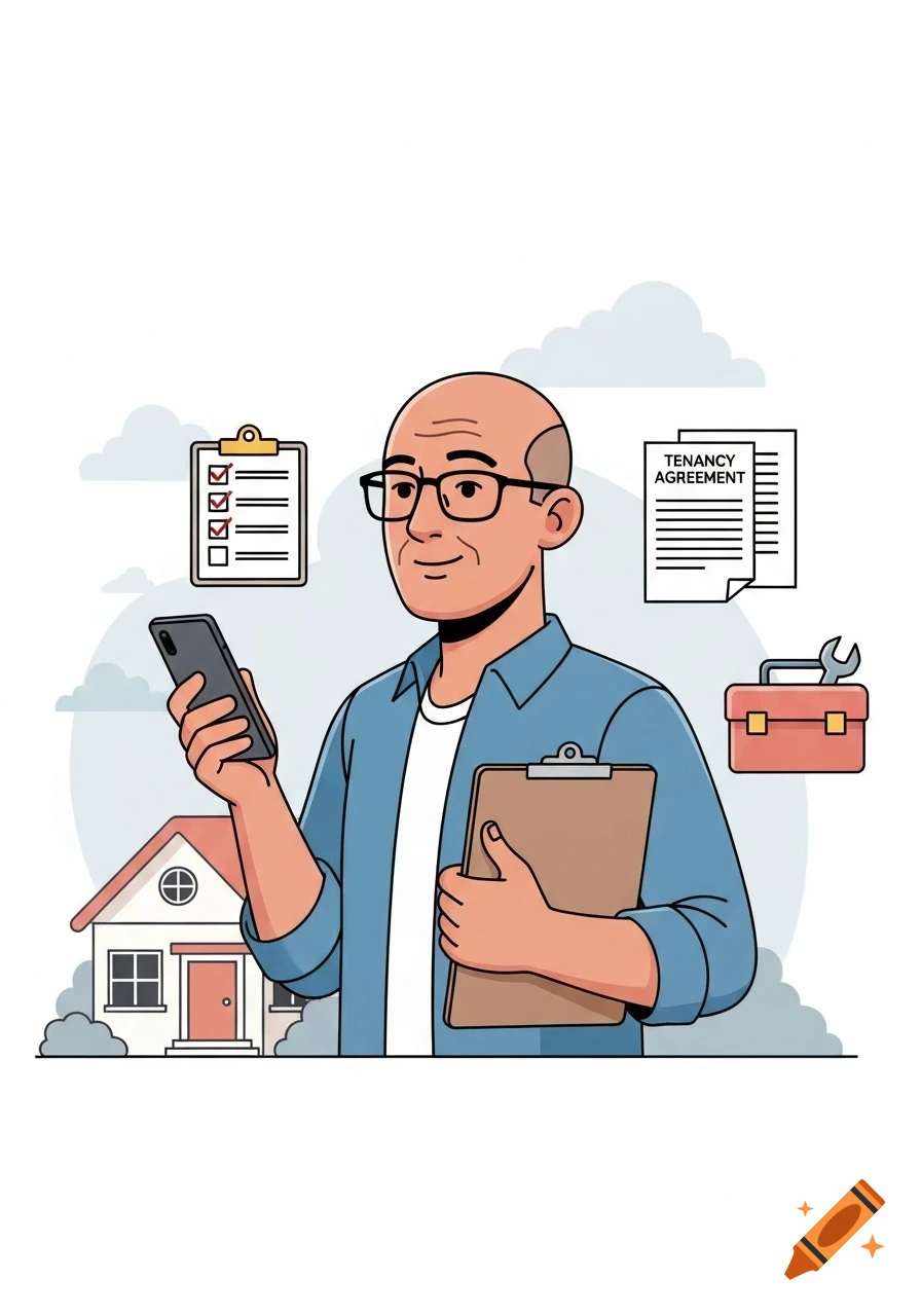Flat cartoon illustration of a bald man holding a smartphone and clipboard, with a house, checklist, tenancy agreement, and toolbox in the background.