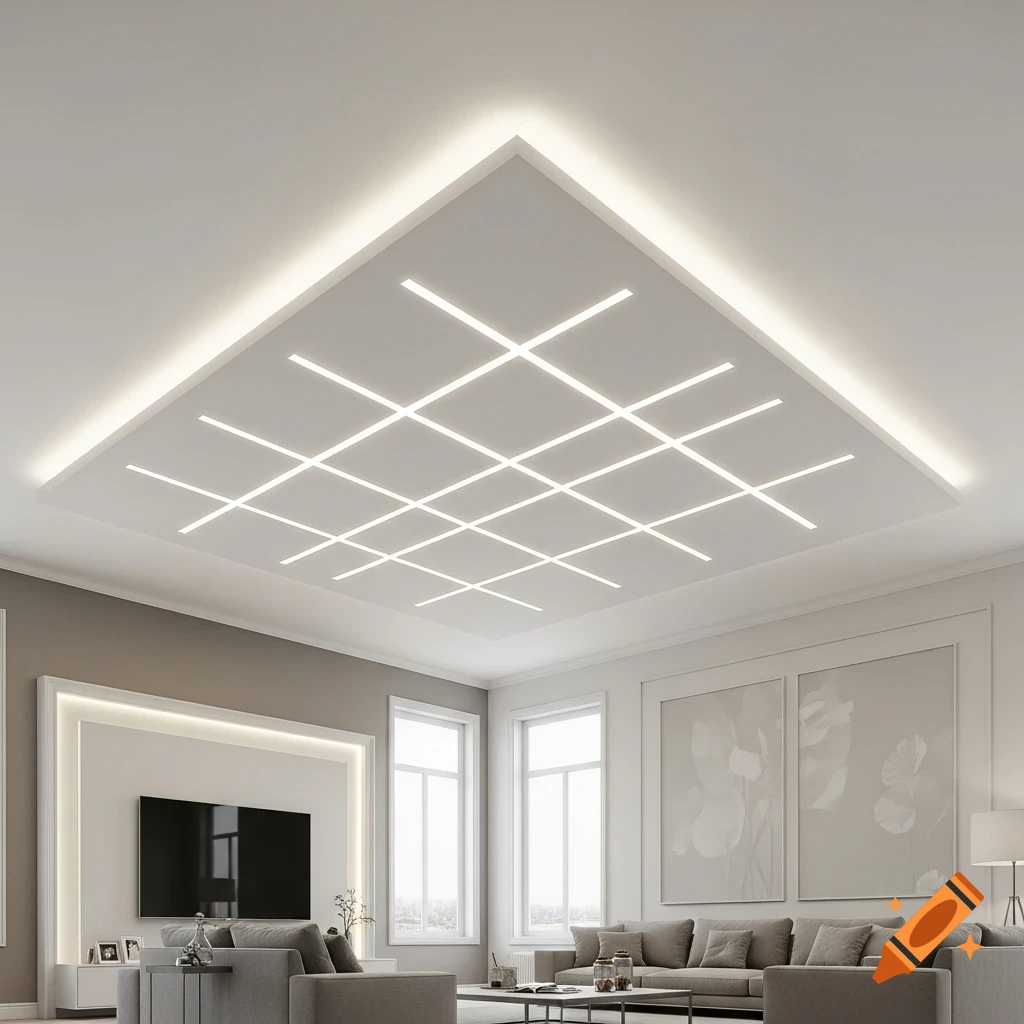 Modern living room with a white ceiling featuring a unique square grid recessed lighting system, a large TV, and couches.
