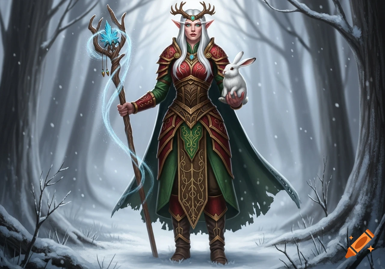 A wise female snow elf druid with white hair and antler crown stands in a snowy forest, holding a glowing staff and a white snow hare.