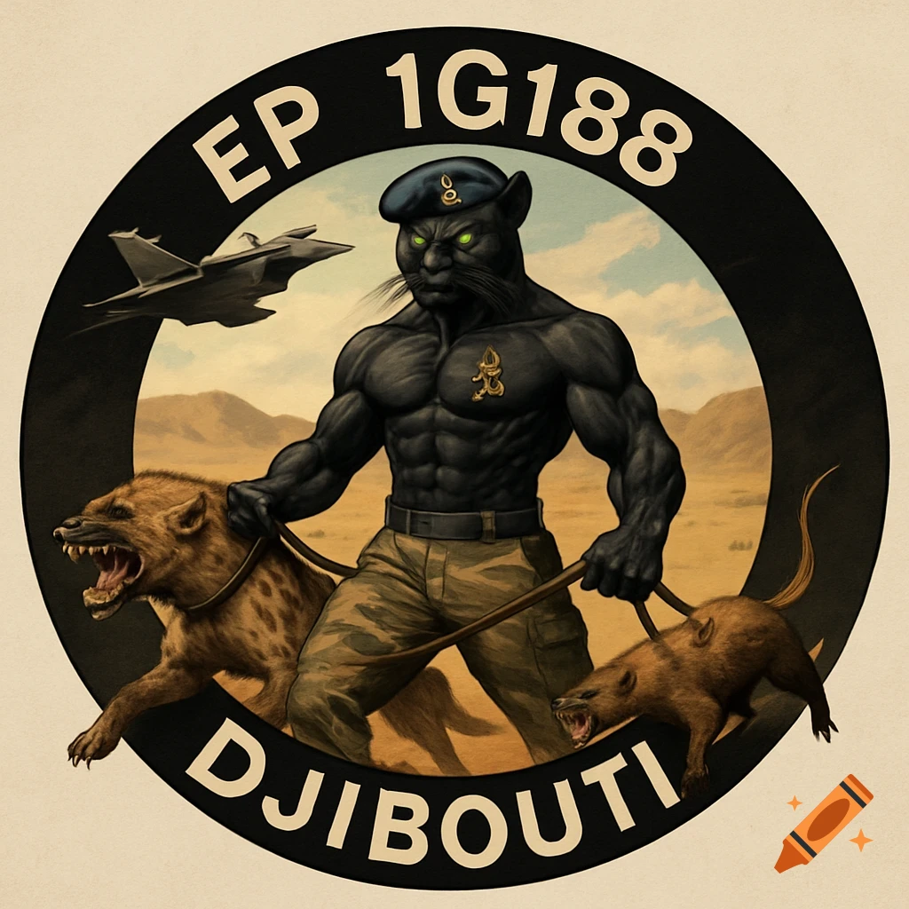 A black panther commando in camouflage pants, holding a hyena and mongoose on leashes, against a desert and Rafale jet background in a circular logo with 'EP 1G188' and 'DJIBOUTI' text.