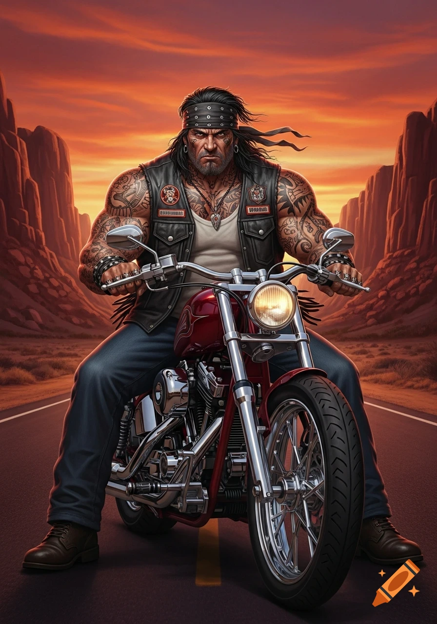 Muscular, tattooed biker on a red motorcycle against a sunset desert landscape, in an illustrated style.