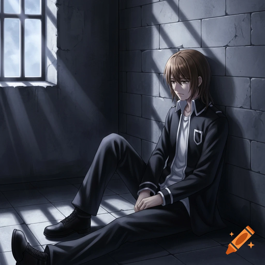 A sad anime man with brown hair in a black and white uniform sits in a dark prison cell, holding back tears.