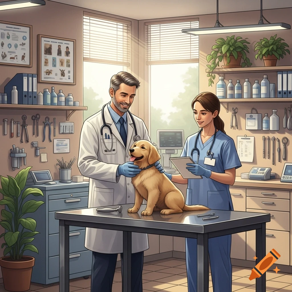 A male veterinarian and a female vet nurse examine a golden retriever puppy on a table in a bright clinic.