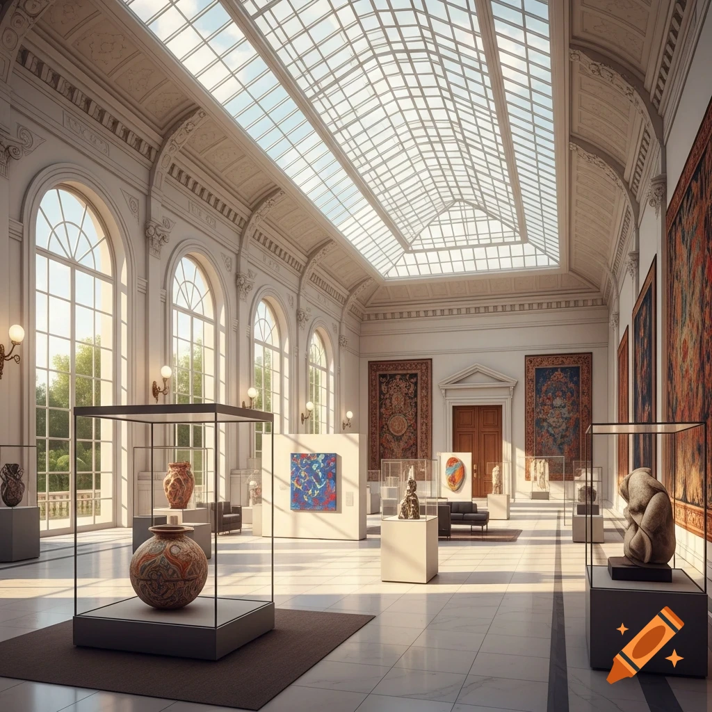 A grand, sunlit museum exhibition hall with a high glass ceiling, arched windows, and display cases featuring various art pieces.