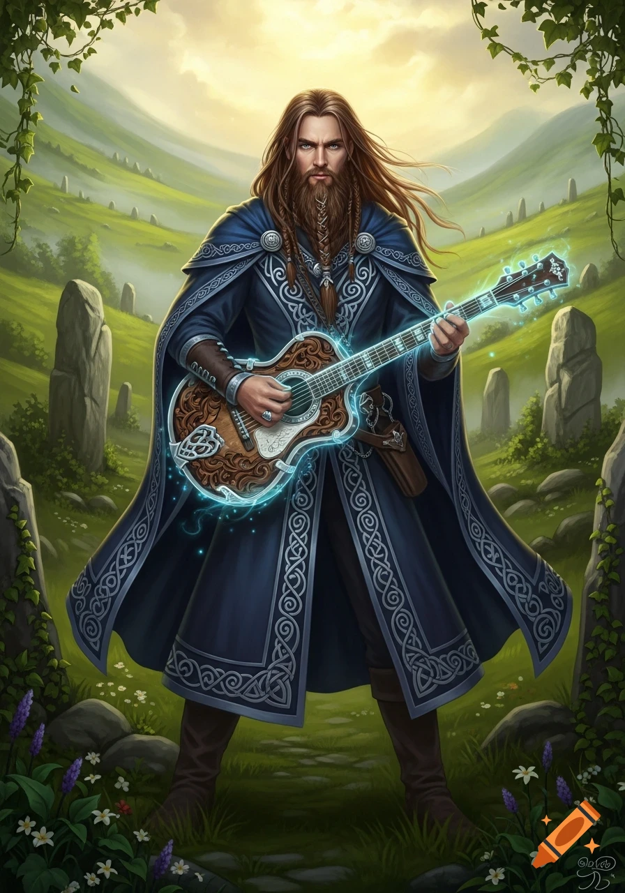 A long-haired, bearded man in a blue Celtic cloak plays a glowing ornate guitar in a misty green field with standing stones.