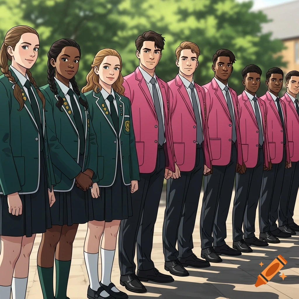 A line of diverse cartoon-style students in school uniforms, with girls in green blazers and boys in pink blazers.