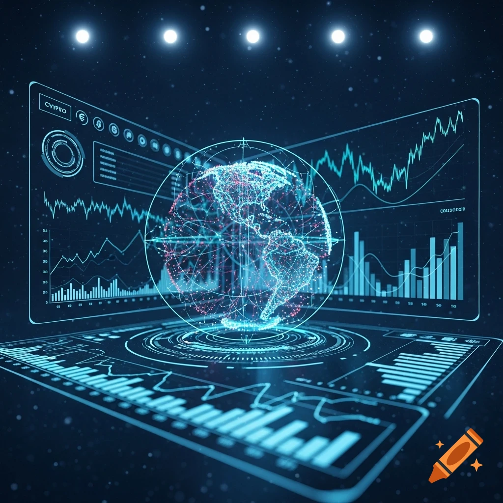 Holographic digital globe surrounded by blue data screens with charts and graphs on a dark, starry background.