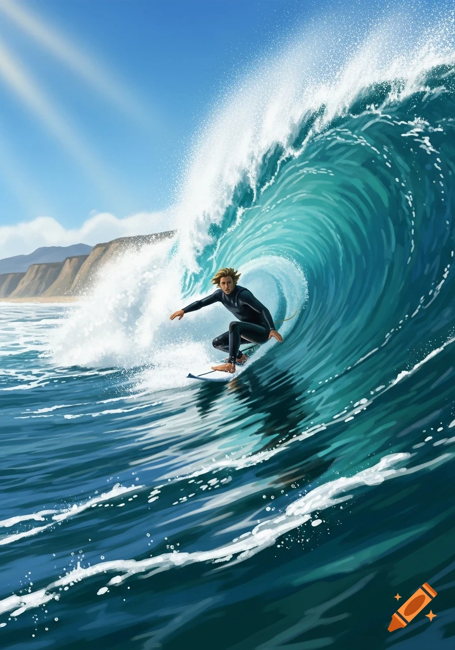 A male surfer in a wetsuit riding a large turquoise wave, with a sandy beach and hills in the background under a sunny blue sky.