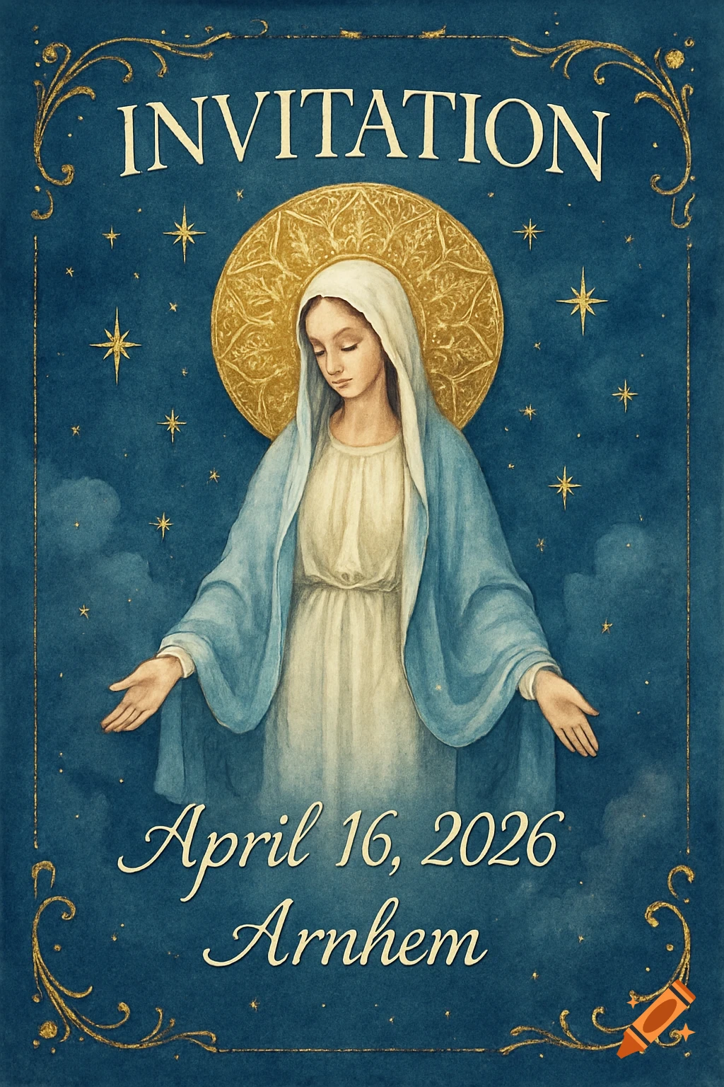 A watercolor invitation card featuring the Virgin Mary, with text 'INVITATION', 'April 16, 2026', and 'Arnhem', against a starry blue background with gold accents.