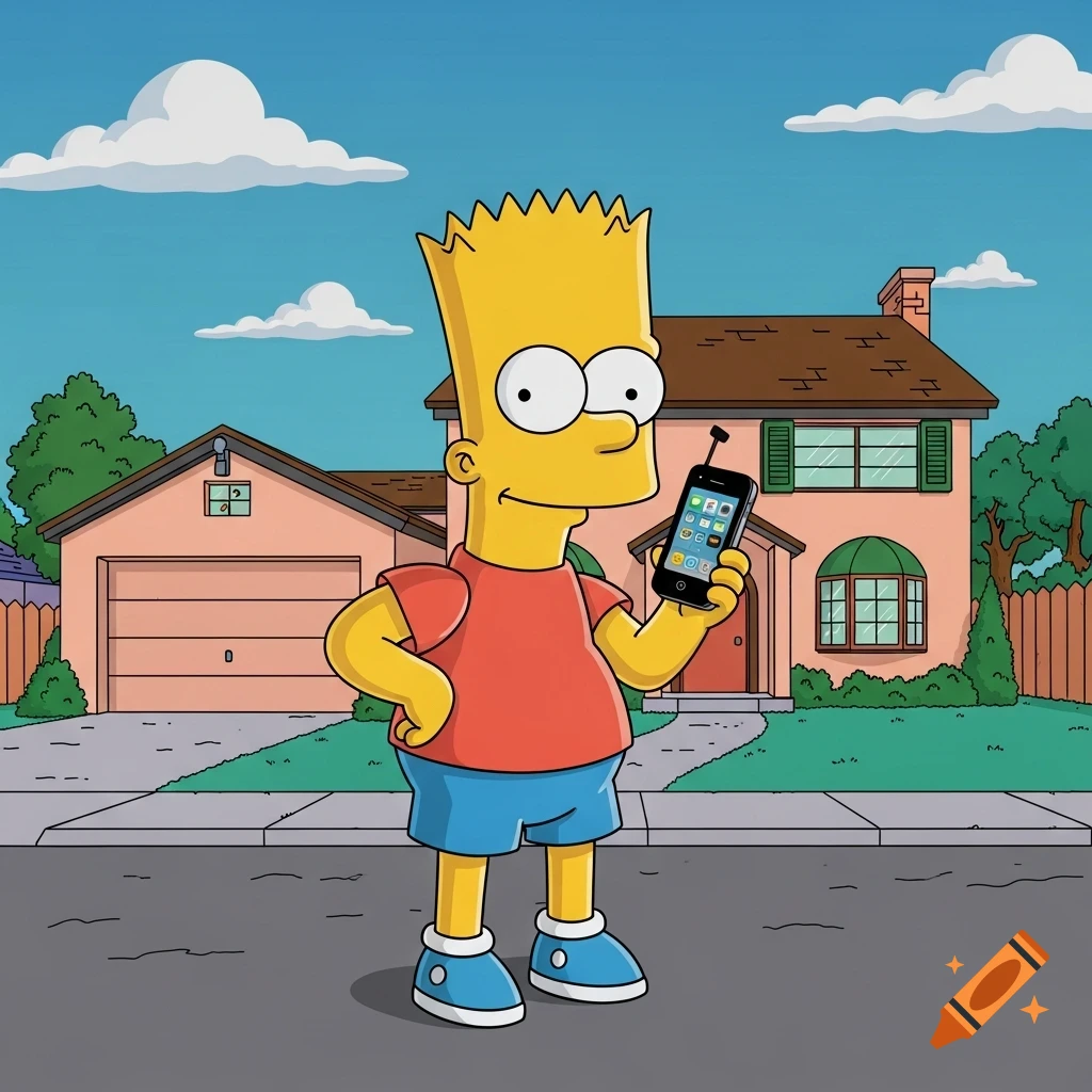 Bart Simpson stands in front of his house, smiling while holding an iPhone 3GS, in the style of The Simpsons cartoon.