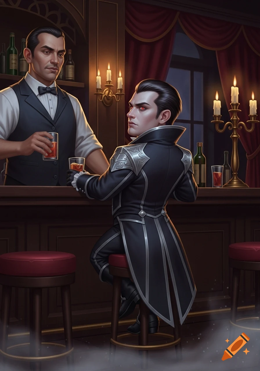 A dwarf vampire in ornate black and silver attire sits at a dimly lit bar, looking up at the bartender holding a drink.