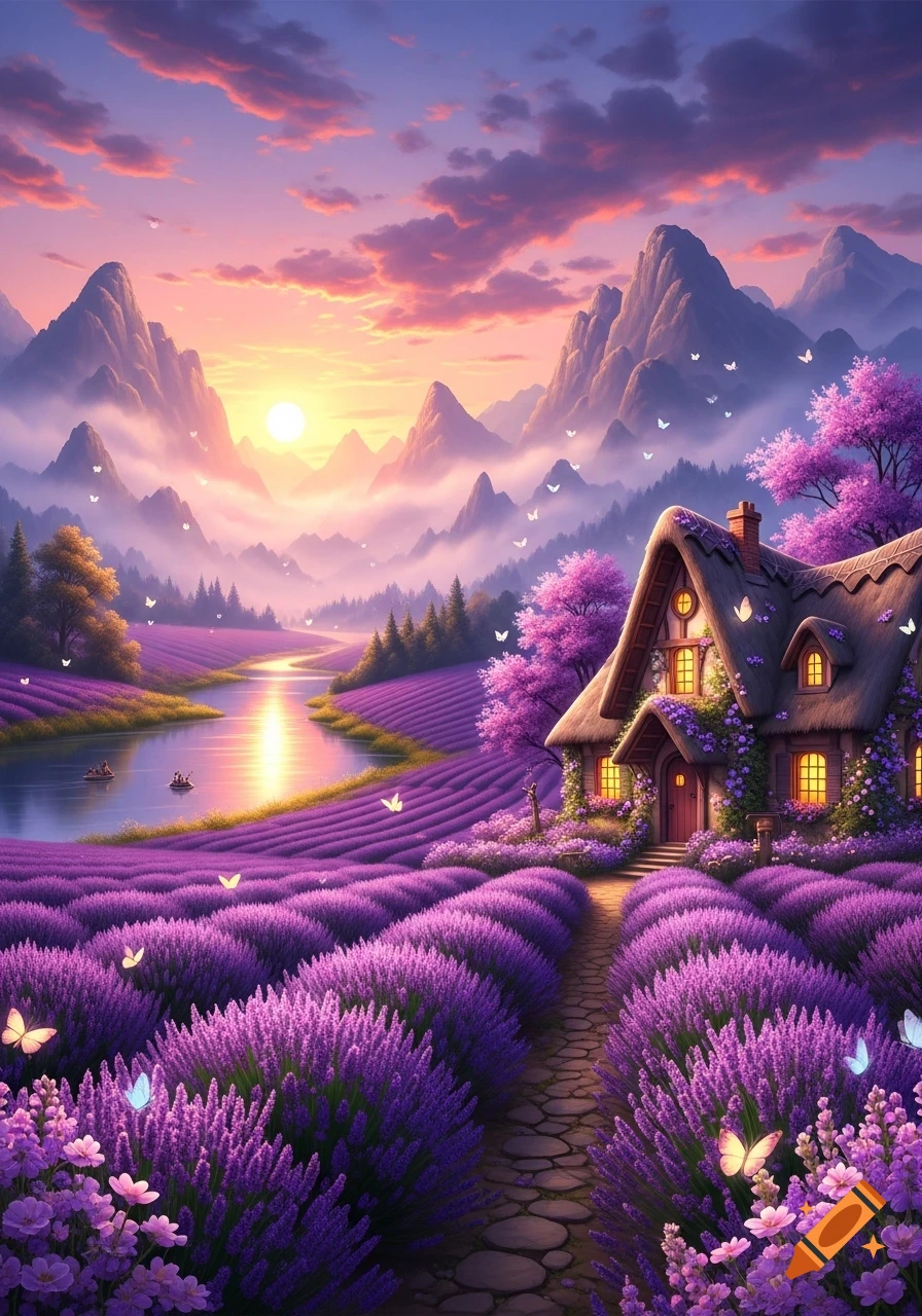 Fantasy landscape with a cozy cottage in lavender fields, a river reflecting the sunset, and mountains under a pink and purple sky.