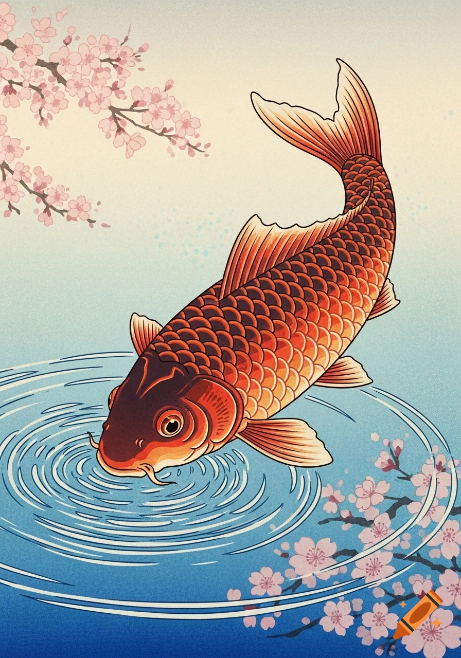 A vibrant red and black koi fish swims in water with concentric ripples and pink cherry blossoms in a traditional Japanese woodblock print style.