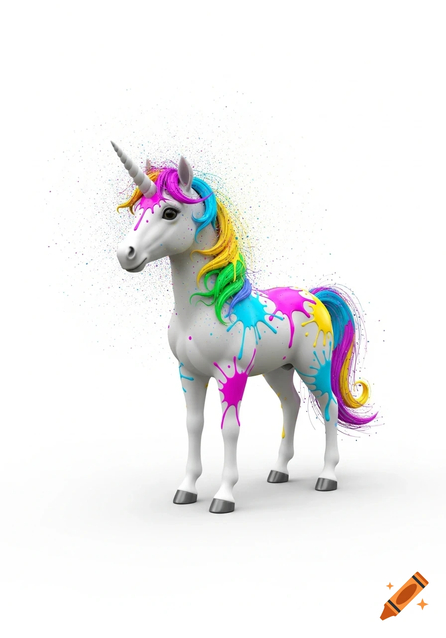A cute 3D rendered white unicorn splattered with vibrant pink, blue, yellow, and green paint, standing on a white background.