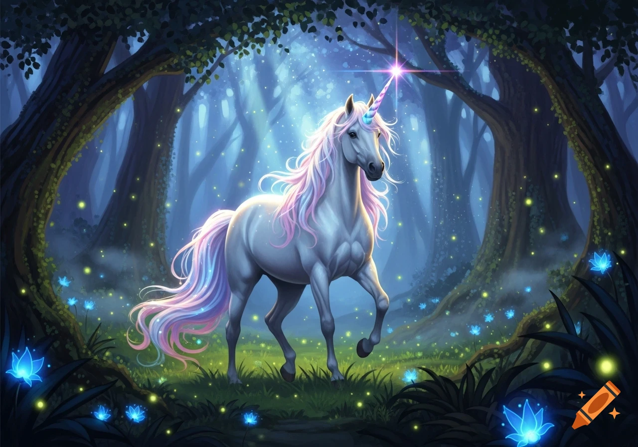 A white unicorn with a glowing pink and blue mane and horn stands in a mystical fantasy forest, illuminated by glowing blue flowers and fireflies.