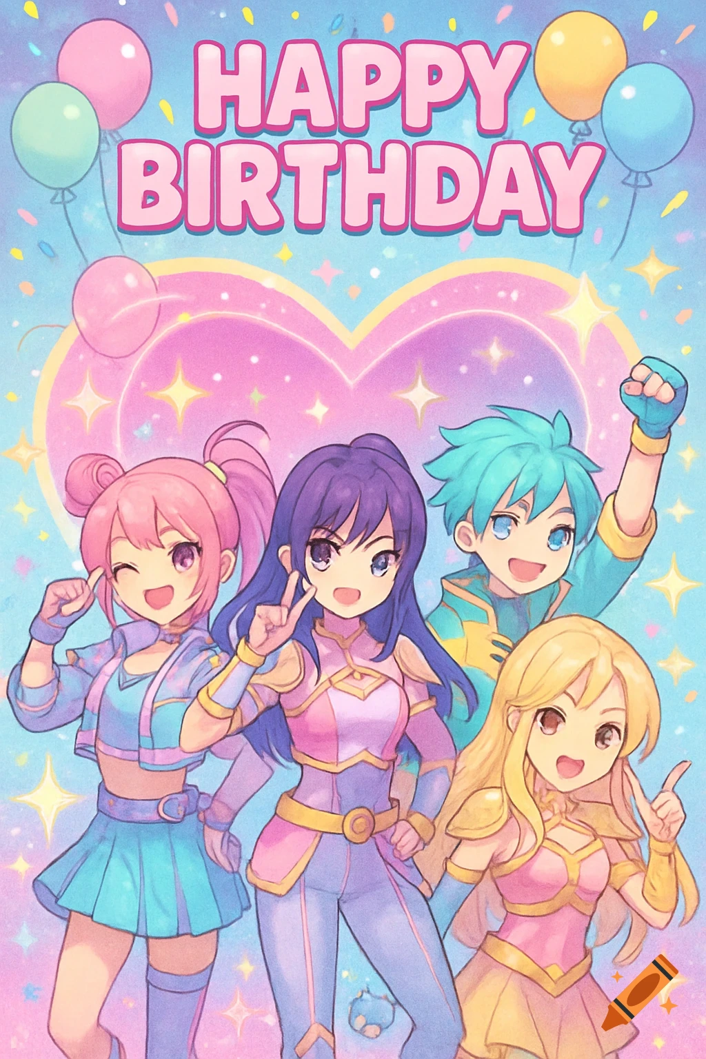 Four cheerful anime characters in colorful warrior outfits on a kawaii birthday invitation with 'HAPPY BIRTHDAY' text and balloons.